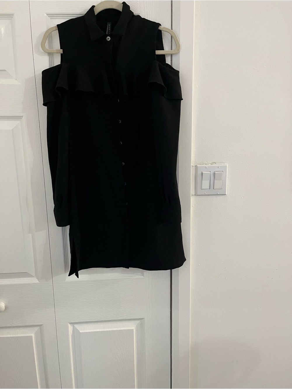 Black Cold-Shoulder Ruffle Button-Down Shirt Dress